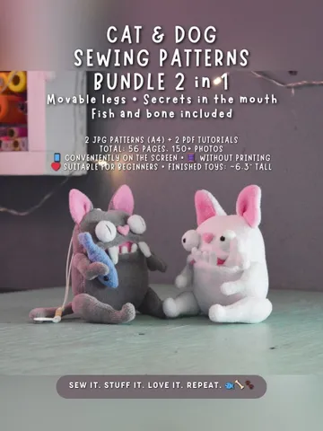 PDF Plush Toy Pattern β Fleece Cat & Dog with Accessories $18.00