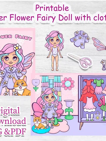 Flower paper doll clothes cut out, Printable paper doll digital PDF instant download, printable doll house, Busy book activity, Paper DIY $4.55