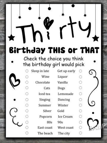 Thirty Birthday This or that game,Adult Birthday party game-fun games for her-Instant download $1.75