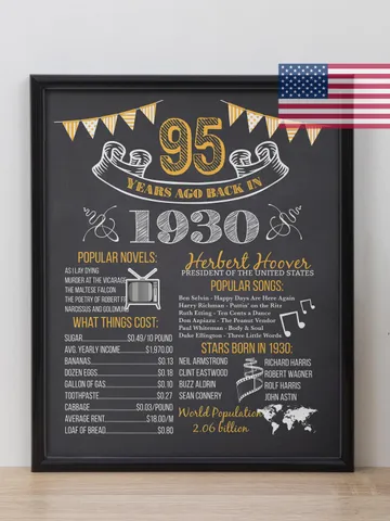 95th birthday poster gold 1930 birthday sign back in 1930 born in 1930 golden printable vintage decor what happened in 1930 digital download $7.00