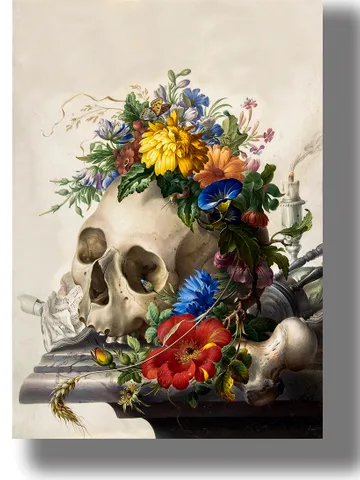 Human skull in flowers. Macabre still life. $21.00