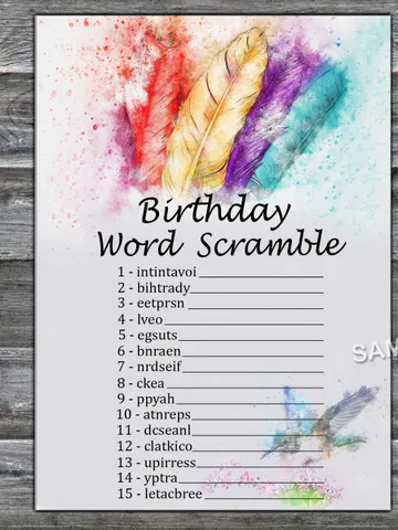 Tribal Feather Birthday Word Scramble Game,Adult Birthday party game-fun games for her-Instant download