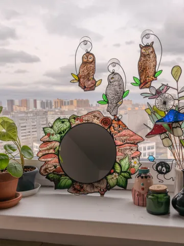 Handmade stained glass mirror with mushrooms, Home decor with fungi $350.00