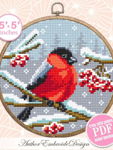 Bullfinch cross stitch pattern PDF download Winter red bird cross stitch chart, Christmas pattern digital PDF Snow nature cross stitch #N167 $3.95