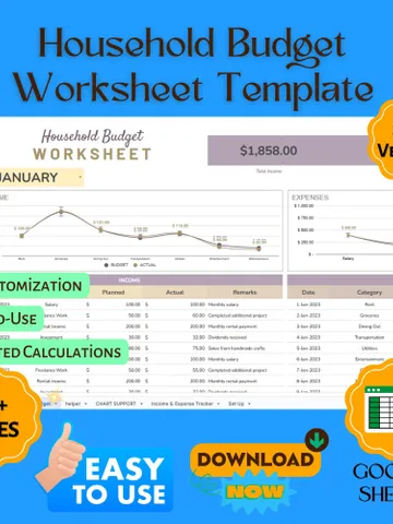 Household Budget Worksheet Template, Monthly Expense Tracker, Family Finance Planner, Home Budget Spreadsheet, Personal Budget Sheet $9.66