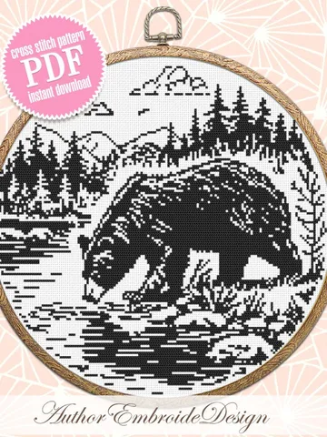 Grizzly bear cross stitch pattern PDF download Bear silhouette cross stitch chart, Monochrome nature pattern digital, Forest landscape #L79 $4.40
