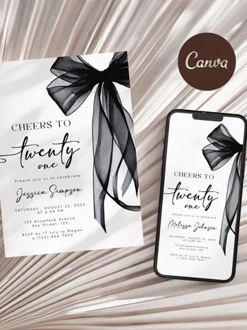 Coquette Black Bow 21st Invitation, Editable Twenty first Birthday Party Invite, DIY Digital Black Ribbon, Cheers to Twenty one Invite $8.00