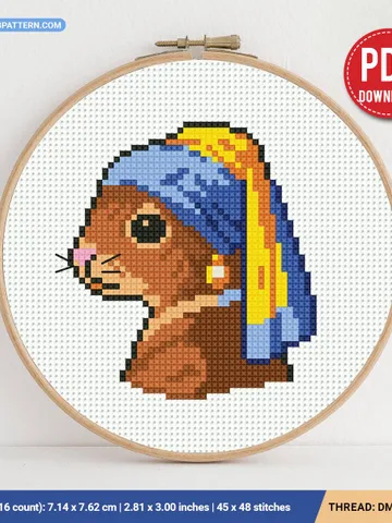 Squirrel with a Pearl Earring cross stitch pattern, Funny animal cross stich, beginner, Famous Artwork, Vermeer, DIY, embroidery, PDF $4.29