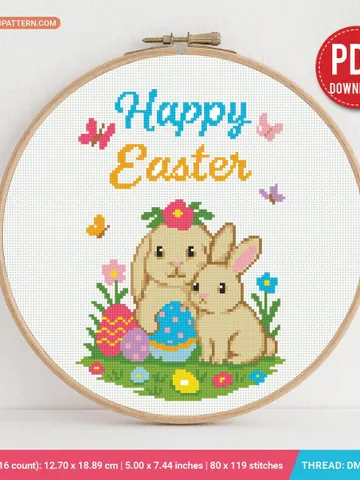 Happy Easter Cross stitch pattern, contemporary, Easter Bunny, Egg hunt, beginner counted, modern chart, gift DIY, embroidery, instant PDF $5.94