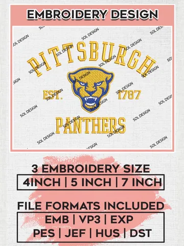 Pittsburgh Panthers Est 1787 Embroidery Designs, NCAA Pittsburgh Panthers Team Embroidery, NCAA Team Logo, 3 sizes, Machine embroidery Files, Digital Download $6.99