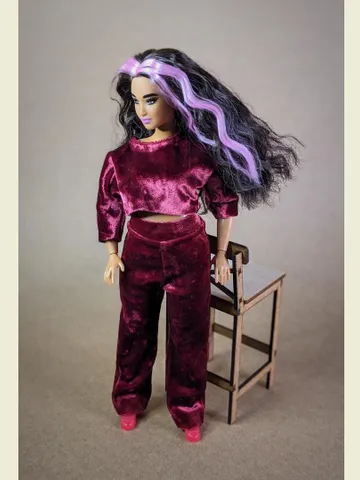Handmade casual red velvet two-piece set (long-sleeve and pants) for 1/6 scale fashion female dolls $28.00