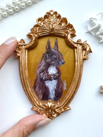 Framed Squirrel Oil Painting Original Wild Animals Art Cute North Squirrel Painting Gold Frame Victorian Painting $78.00