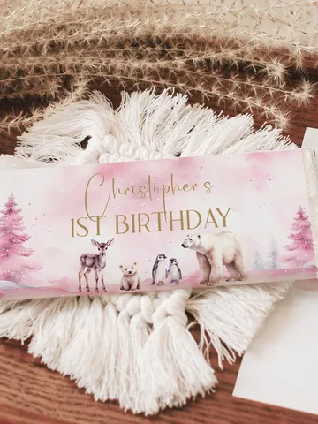 Winter Onederland Chocolate Wrapper Wonderland Candy Bar Label Girl 1st Birthday Party Decor Arctic Animals Woodland - i123 $4.00