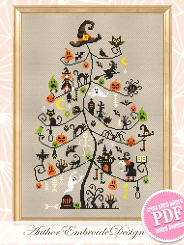 Halloween Christmas tree cross stitch pattern PDF download Witch cross stitch chart, Halloween pattern digital PDF Scary Christmas gift #H68 $5.40