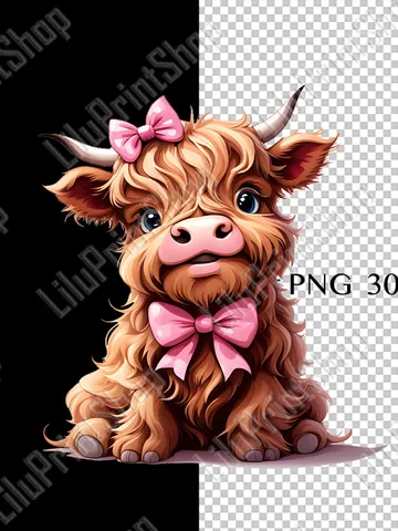 Coquette bow Highland cow png for sublimation Pink bow png Baby animal overlay, Cute cow clipart for party invite, digital instant download $2.71