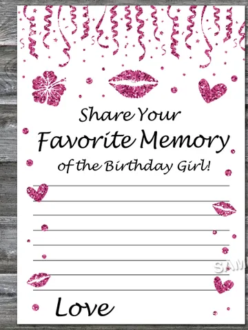 Pink glitter Favorite Memory of the Birthday Girl,Adult Birthday party game-fun games for her-Instant download $1.75
