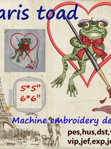 Paris Toad 2 Sizes  Embroidery Design $8.00