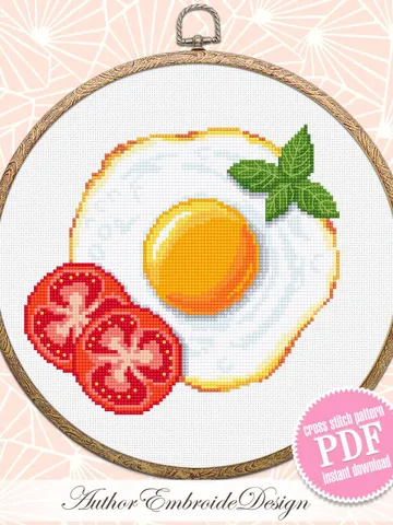 Fried egg with tomatoes cross stitch pattern PDF download Food cross stitch chart for beginners, Egg pattern digital PDF, Kitchen decor #F23 $3.55