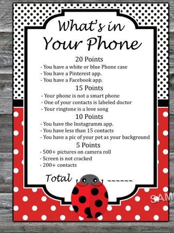 Ladybug What's in Your Phone Birthday Party Game,Adult Birthday party game-fun games for her-Instant download $1.75