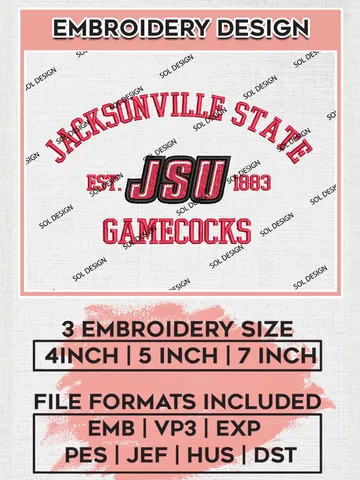 Jacksonville State Gamecocks Est 1883 Logo Embroidery Designs, NCAA Jacksonville State Gamecocks Team Embroidery, NCAA Team Logo, 3 sizes, Machine embroidery Files, Digital Download $6.99