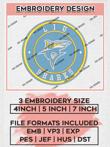 NCAA LIU Sharks Round Logo Embroidery, NCAA LIU Sharks Logo Embroidery files, NCAA Teams, Machine embroidery designs, Digital Download $6.99