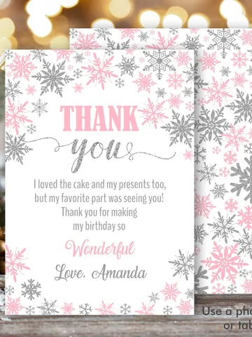 Winter Onederland Thank you card, Winter Onederland Birthday Girl Decorations, Pink Silver Snowflake Note Card $6.00