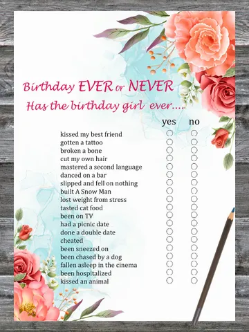 Roses Birthday ever or never game,Adult Birthday party game-fun games for her-Instant download $1.75