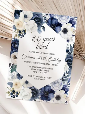 100th Birthday Invitations, Printable 100th Birthday Party Invitation, Navy Blush Floral 100th Birthday Invite - i133 $7.00