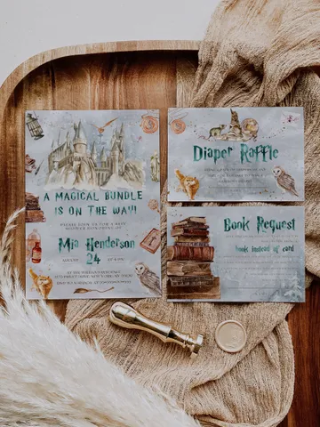 Winter Wizarding World Baby Shower Set; Christmas Magic School Baby Shower Template; School of Wizard Baby Shower invitation template; ms7 $22.95