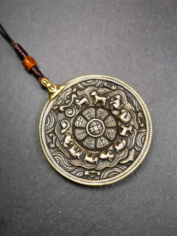 Gandhanra Antique Tibetan Buddhist Amulet,Melong Mirror,Calendar Badge,SIPAHO(srid pa ho),Made of Lima Brass,2.6" $139.99