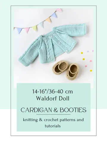 DIY 14-16"/36-40 cm Doll Cardigan & Booties. PDF knitting and crochet pattern and tutorial.