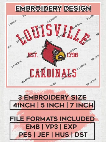 Louisville Cardinals Est 1798 Embroidery Designs, NCAA Louisville Cardinals Team Embroidery, NCAA Team Logo, 3 sizes, Machine embroidery Files, Digital Download $6.99