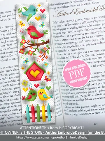Spring bookmark cross stitch pattern PDF download Romantic love birds cross stitch chart, Bird bookmark pattern digital for beginner #B416 $4.40