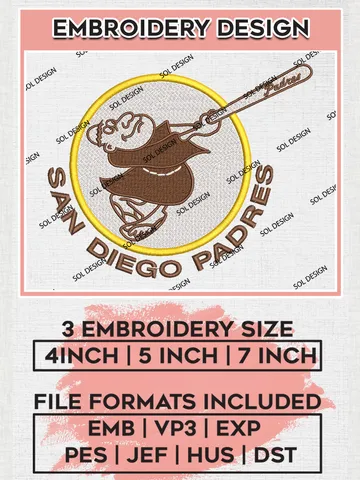 San Diego Padres Logo Embroidery Designs, MLB San Diego Padres Embroidery Design, MLB Embroidery Design Files, MLB Logo, 3 sizes, Machine embroidery Files, Digital Download