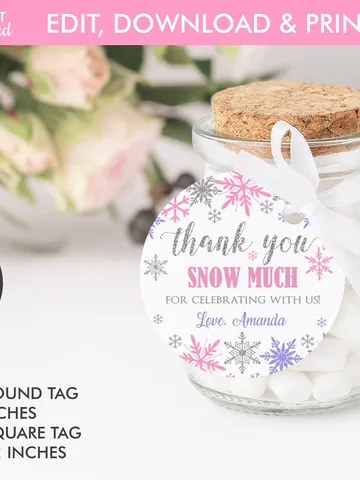 Winter Onederland Favor Tags, Thank You Tags, Snowflakes Gift Tags Winter Onederland Birthday Girl Decorations Pink Purple Editable Template $4.00