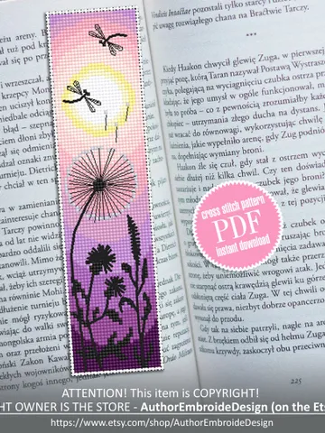 Nature bookmark cross stitch pattern download PDF Handmade bookmark digital, Summer sunset cross stitch chart Floral blackwork pattern #B110 $4.40