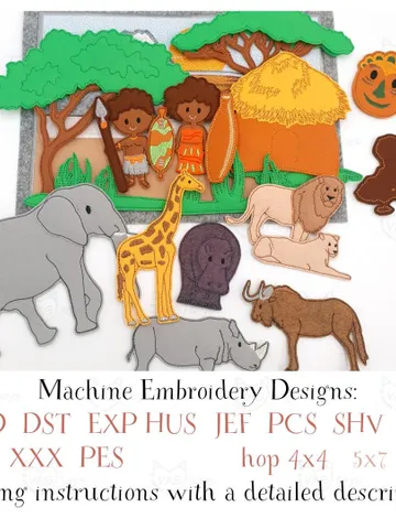 Africa Quiet Book Page & Finger Puppets ITH Embroidery Design, Felt Play Mat Set, Educational Toy, Cultural Learning Digital Download $25.00