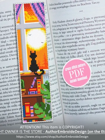 Bookmark cross stitch pattern download PDF Modern handmade bookmark digital PDF Cute cat embroidery beginners Sunset cross stitch chart #B63 $4.40