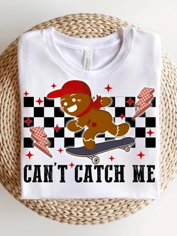 Boys Christmas PNG, Can't Catch Me design, Retro Funny Christmas Sublimation, Skateboarding gingerbread in cap, download $4.56
