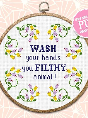 Snarky cross stitch pattern PDF download Wash your hands Funny cross stitch design Floral wreath xstitch chart Framed quote embroidery #Q27 $4.40