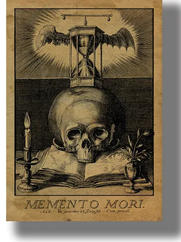 Symbols of death: a skull, a candle and a clock. $21.00