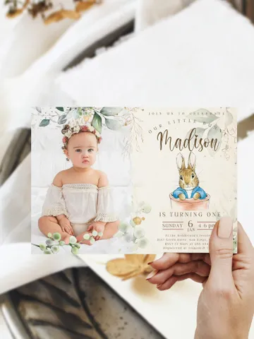 Add Photo First Birthday Invite; Bunny Baby Birthday Invitation template; Our little bunny turning one; Peter Rabbit birthday invitation $12.78