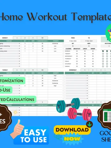 Home Workout Template, Editable Google Sheets, Digital Download for Fitness Tracking & At-Home Exercise Planning $6.86