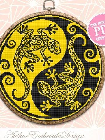 Lizard Yin Yang cross stitch pattern download PDF Salamander mandala digital PDF, Ying Yang cross stitch chart, Yin yang decor, Gecko #M217 $4.60