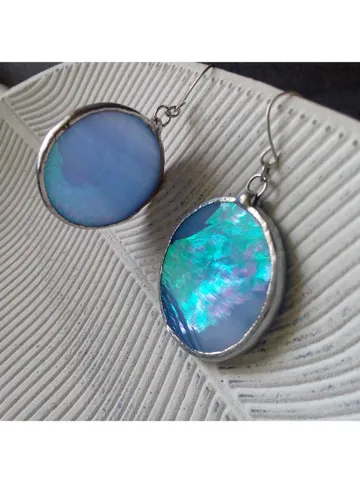 Iridescent stained glass blue earrings, Dichroic earrings, Duochrome earrings, Round stained glass $36.00