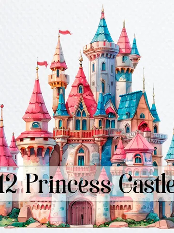 12 Princess Castle PNG Clipart, Watercolor Princess Castle for sublimation, Princess Castle High Quality PNGs, Paper craft, Junk Journals $2.64