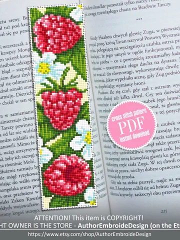 Raspberry bookmark cross stitch pattern download PDF Red berries cross stitch chart, Digital bookmark fruit, Floral bookmark pattern #B150 $4.40