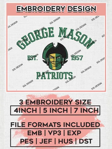 George Mason Patriots Est 1957 Logo Embroidery Designs, NCAA George Mason Patriots Team Embroidery, NCAA Team Logo, 3 sizes, Machine embroidery Files, Digital Download $6.99