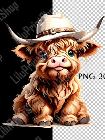 Western Highland cow png for sublimation Baby animal overlay, Cute cowboy Highland cow clipart for party invite, digital instant download $2.71