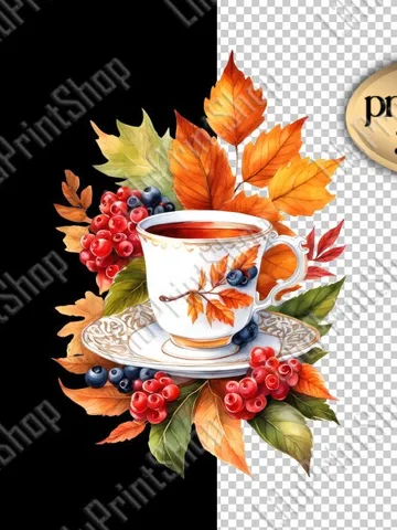Cup of tea with leves and berries overlay png Watercolor Autumn clipart for Sublimation digital instant download $2.71